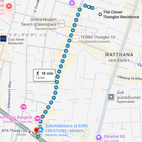 18-minute walk from The Clover to BTS Thonglor Station